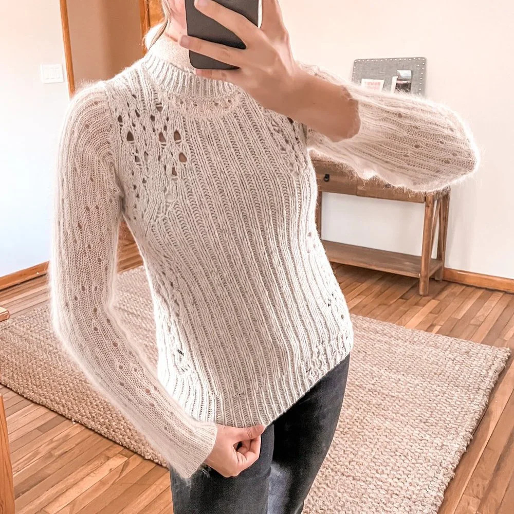 3.1 Phillip Lim Wool Mohair Blend Mixed Knit Distressed Cream Turtleneck Sweater